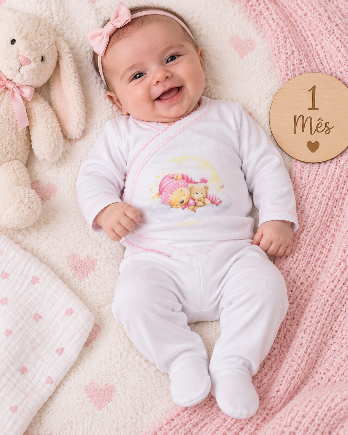 Bebé sorridente com roupa branca com ursinhos, fita cor-de-rosa, peluche coelho creme e placa 1 Mês ♥