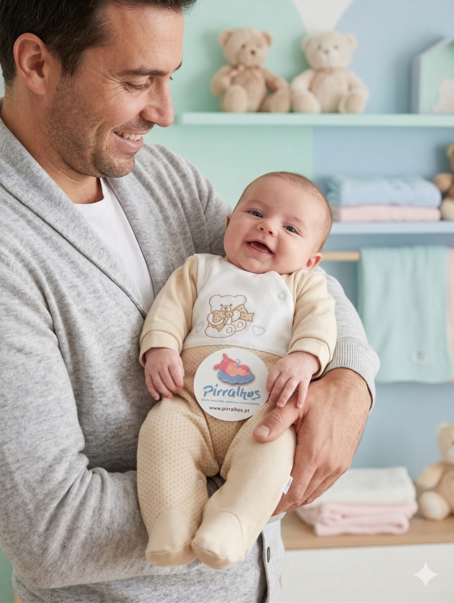 Bebé com macacão bege claro com ursinho, segurado por adulto com camisola cinza, em quarto infantil com brinquedos e toalhas