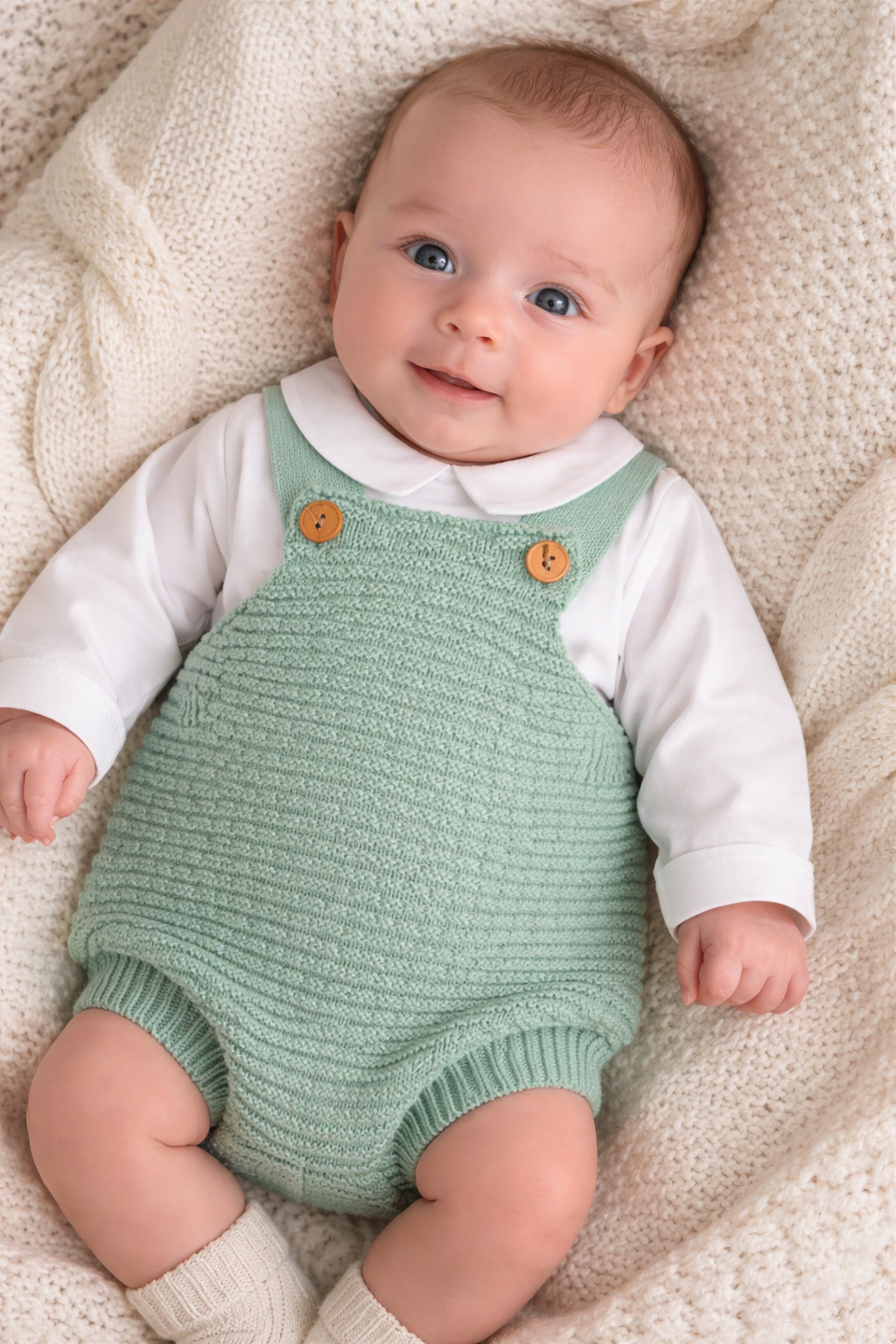 Bebé com macacão verde claro e camisa branca numa manta de malha creme