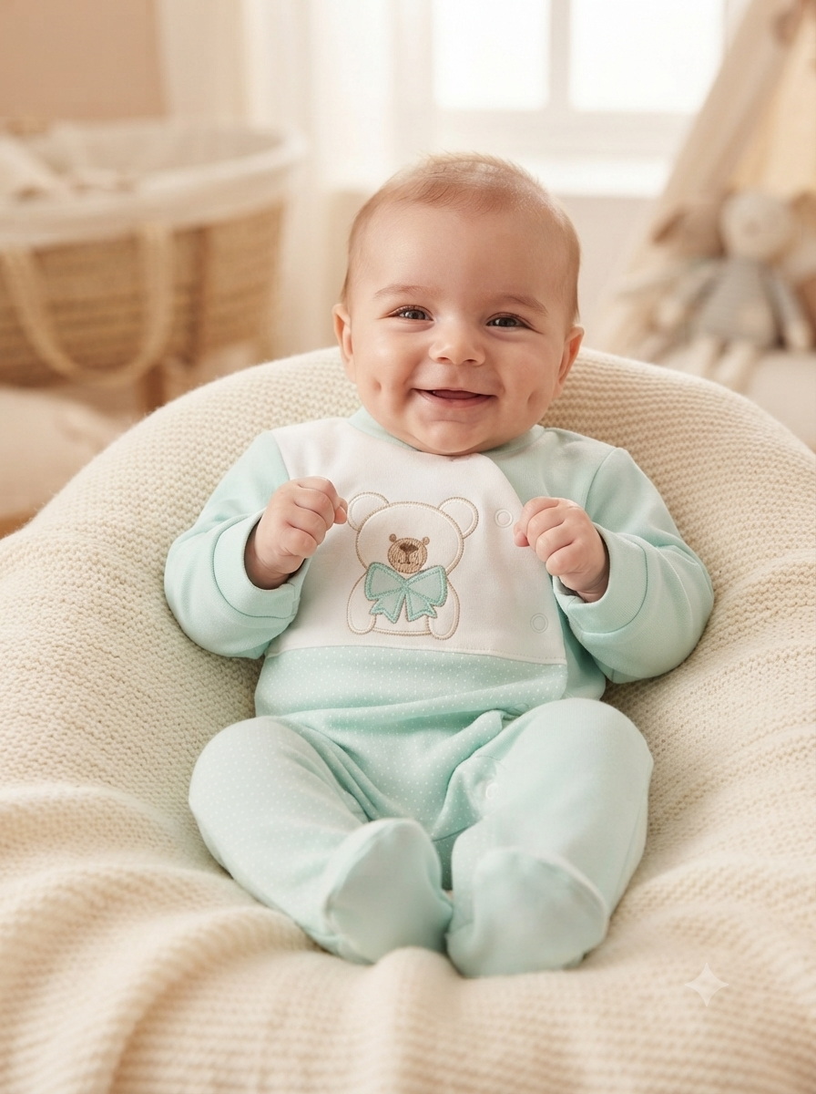 Bebé sorridente sentado numa almofada com body verde água com bordado de coelhinho