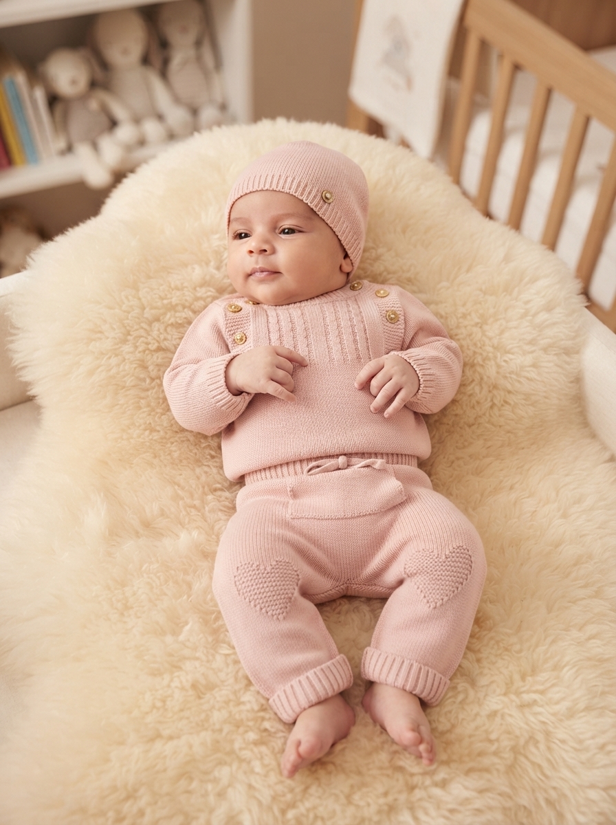 Bebé vestido com roupa de malha rosa claro a dormir sobre manta peluda creme.
