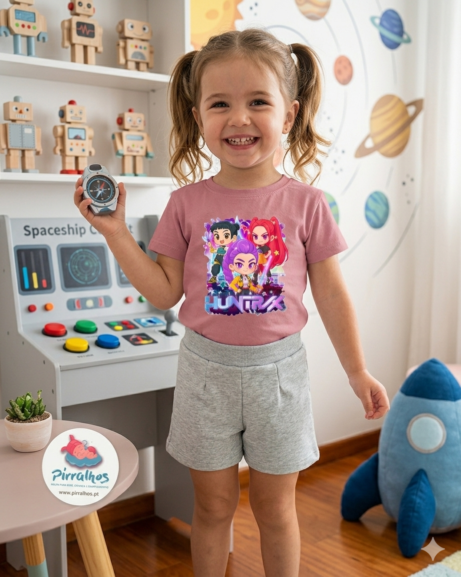 Menina sorridente com camisola rosa com personagens animados e calções cinzentos em quarto infantil com brinquedos e decoração de planetas