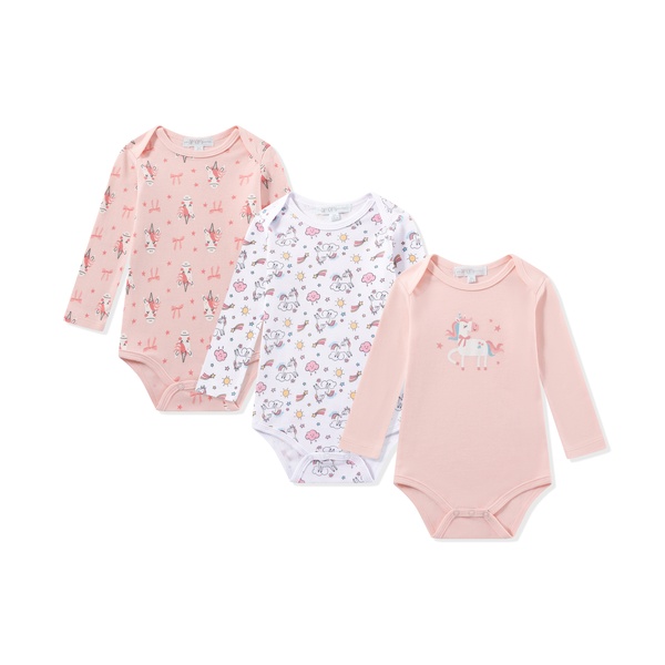 Três bodies de manga comprida para bebé com padrões de unicórnios em rosa e branco
