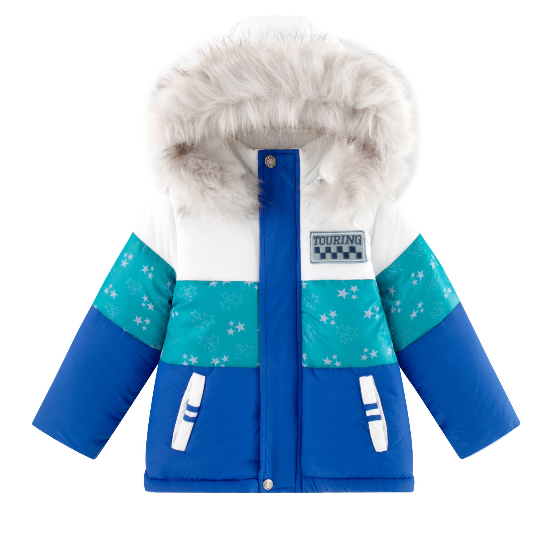 Casaco infantil azul, branco e verde com estrelas e capuz de pelo
