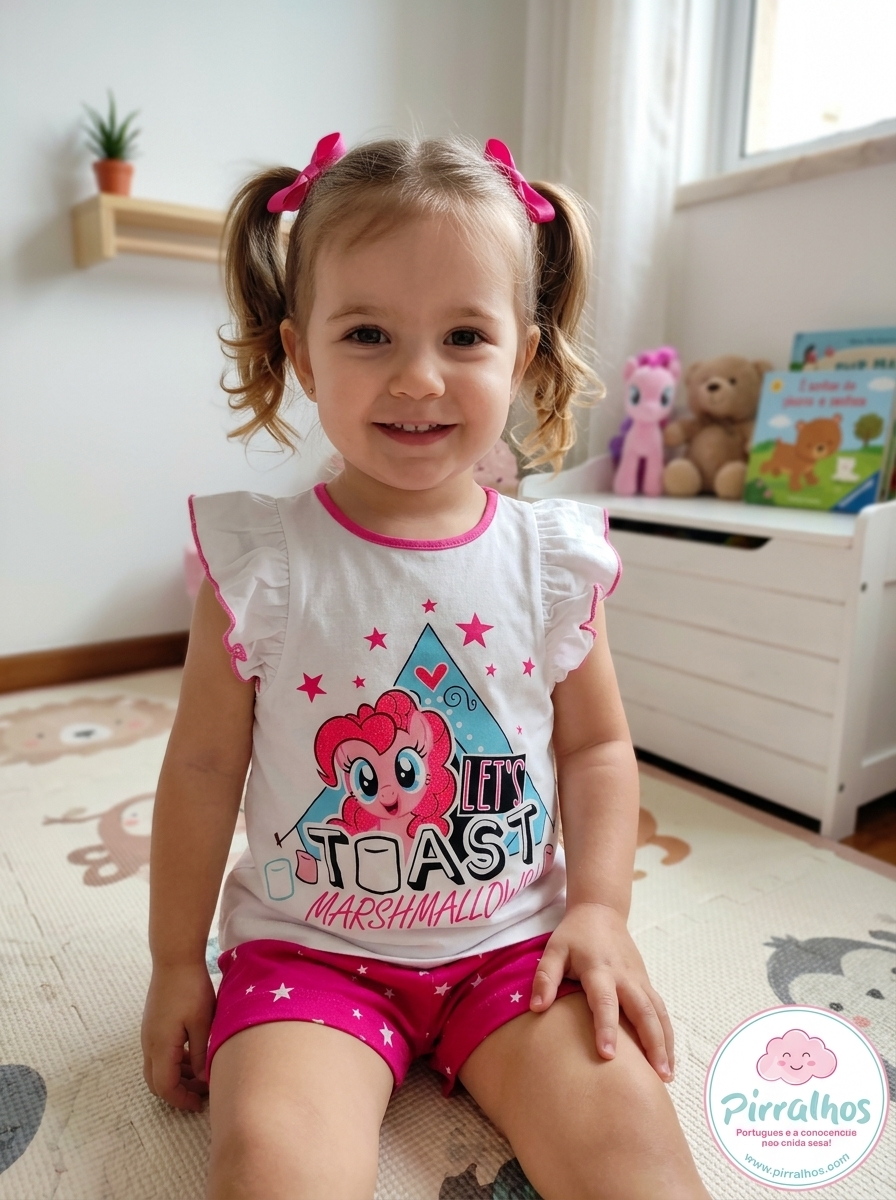 Menina sentada a usar pijama branco e rosa com personagem e texto, quarto infantil com brinquedos e tapete ilustrado