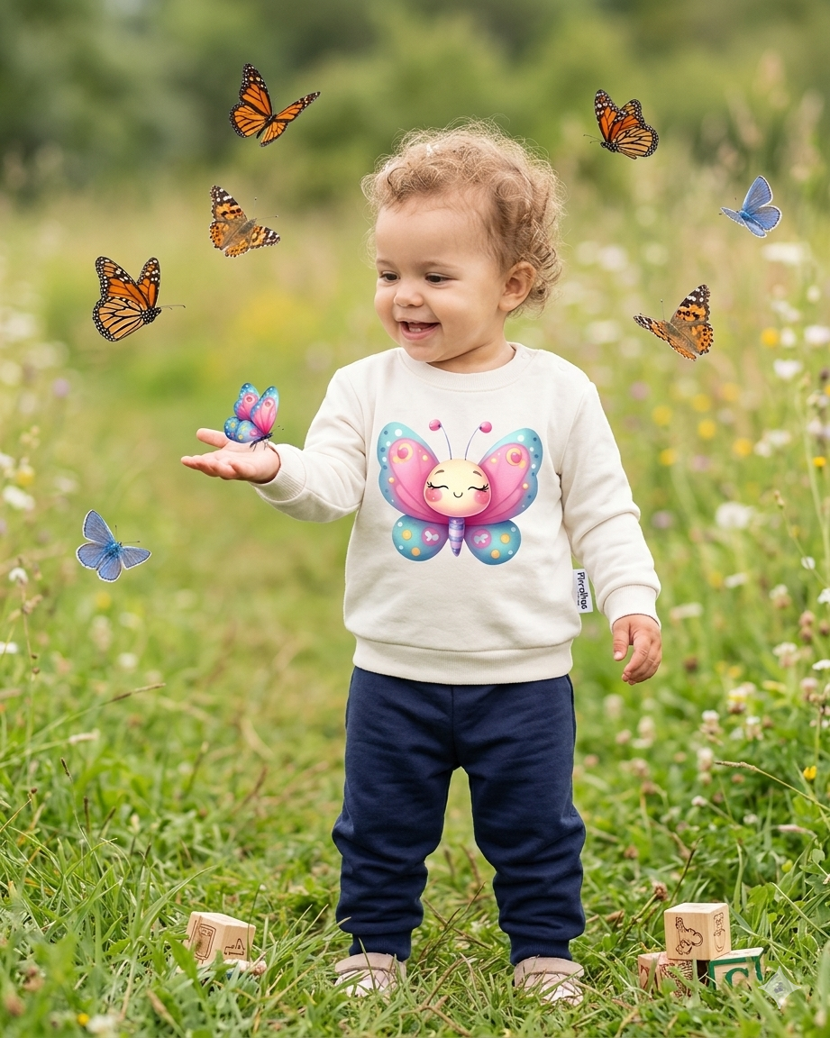 Criança com sweat branco estampado de borboleta e calças azuis num campo verde com borboletas coloridas