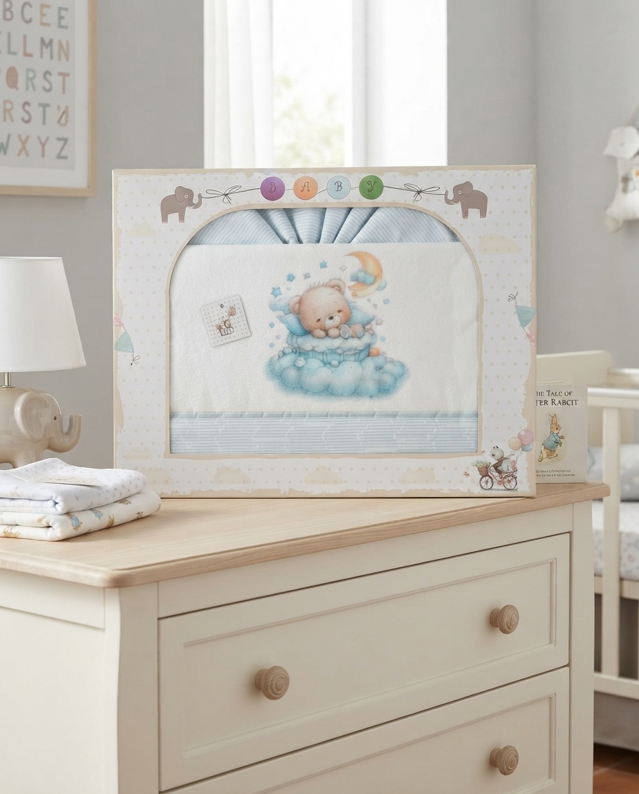 Conjunto de roupa de bebé azul claro e branco com ursinho em nuvens numa caixa, sobre cómoda creme num quarto infantil