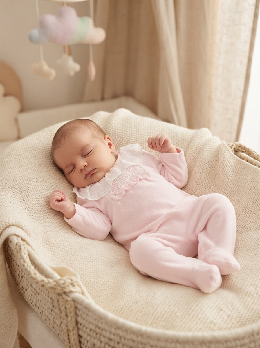 Bebé a dormir em babygrow rosa com renda branca, em cama com manta bege e berço de palha.