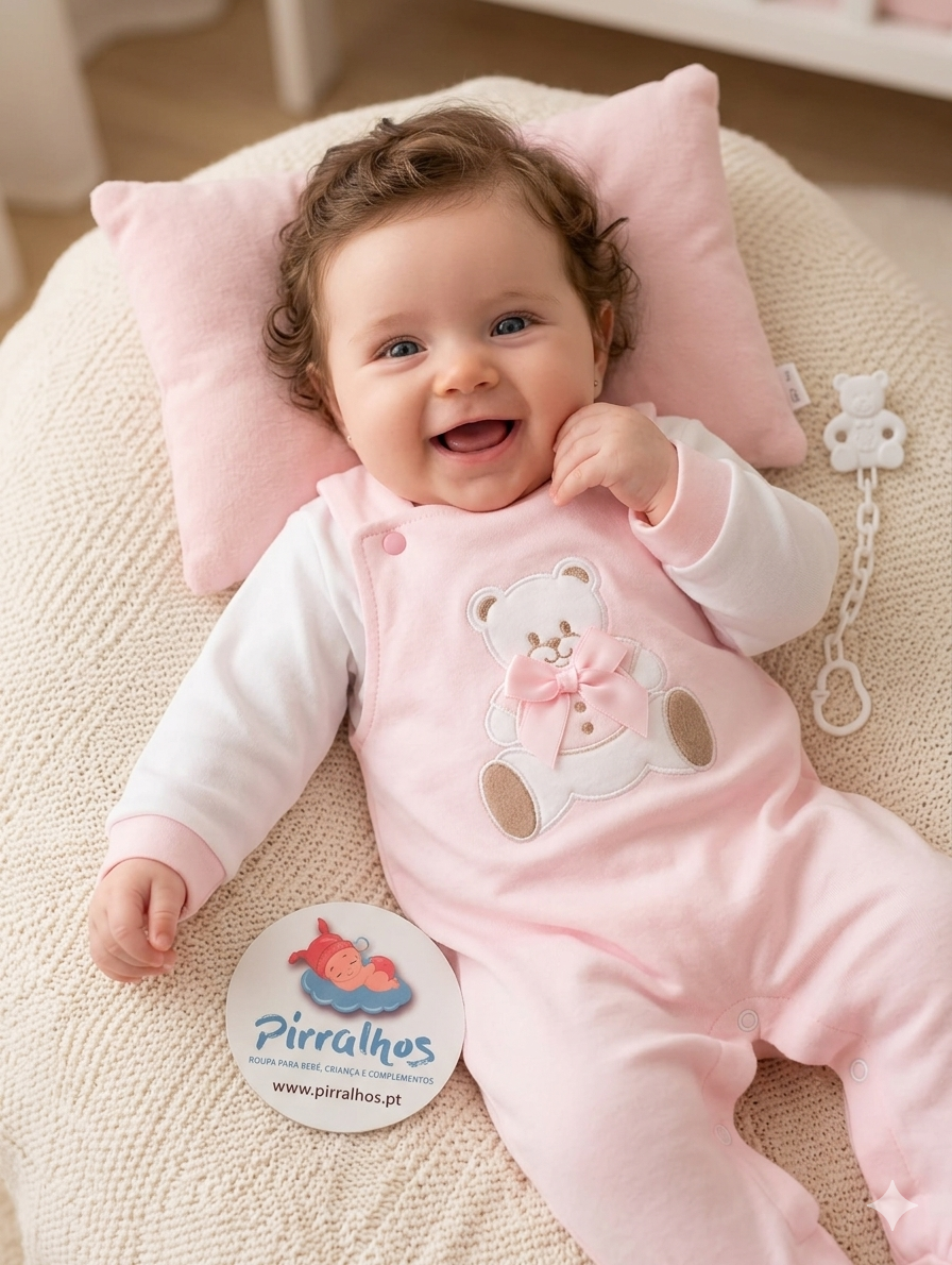 Bebé sorridente com macacão rosa e bordado de urso deitado em almofada rosa sobre manta bege