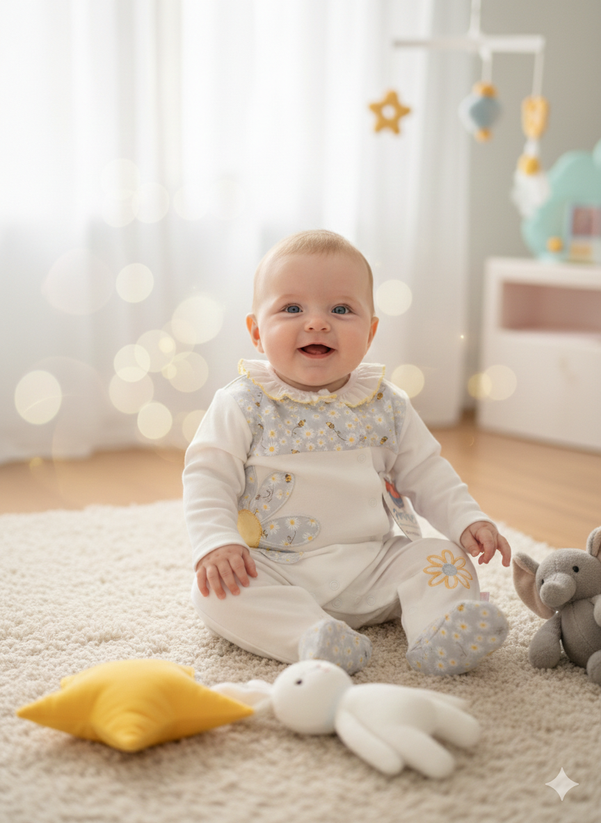 Bebé sorridente de macacão branco com estampado de margaridas em tapete com brinquedos peluche