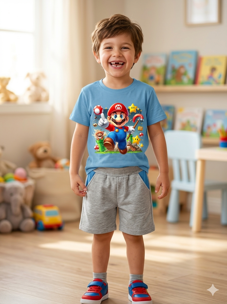 Camisola azul com estampa do Mario usada por criança sorridente num quarto infantil
