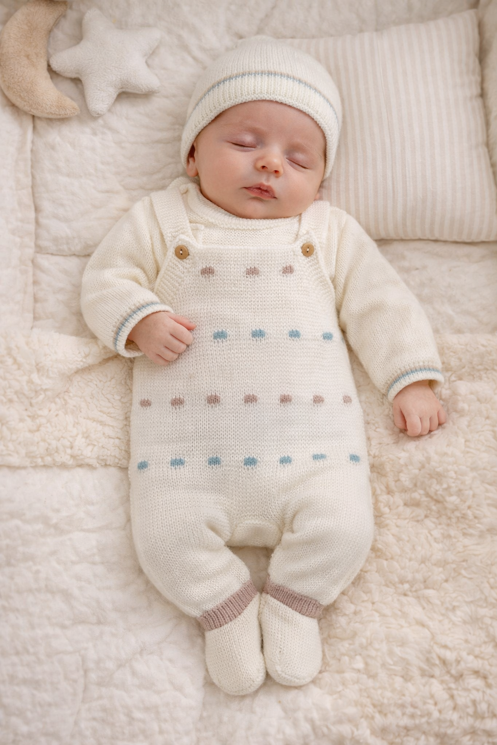 Bebé vestido com macacão de malha branco com pontos azuis e castanhos, gorro branco e deitado em cama com cobertores felpudos