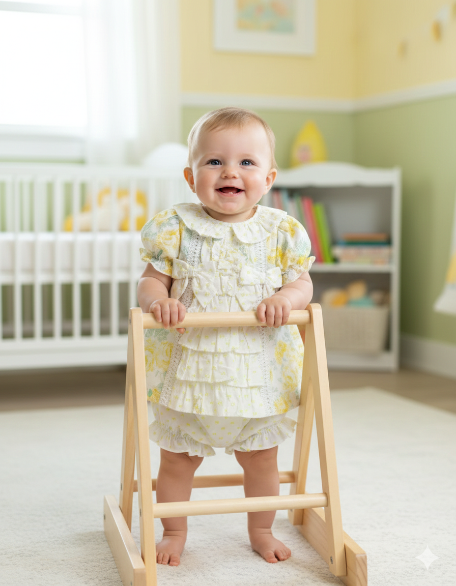 Bebé em vestido floral segurando estrutura de madeira num quarto infantil.