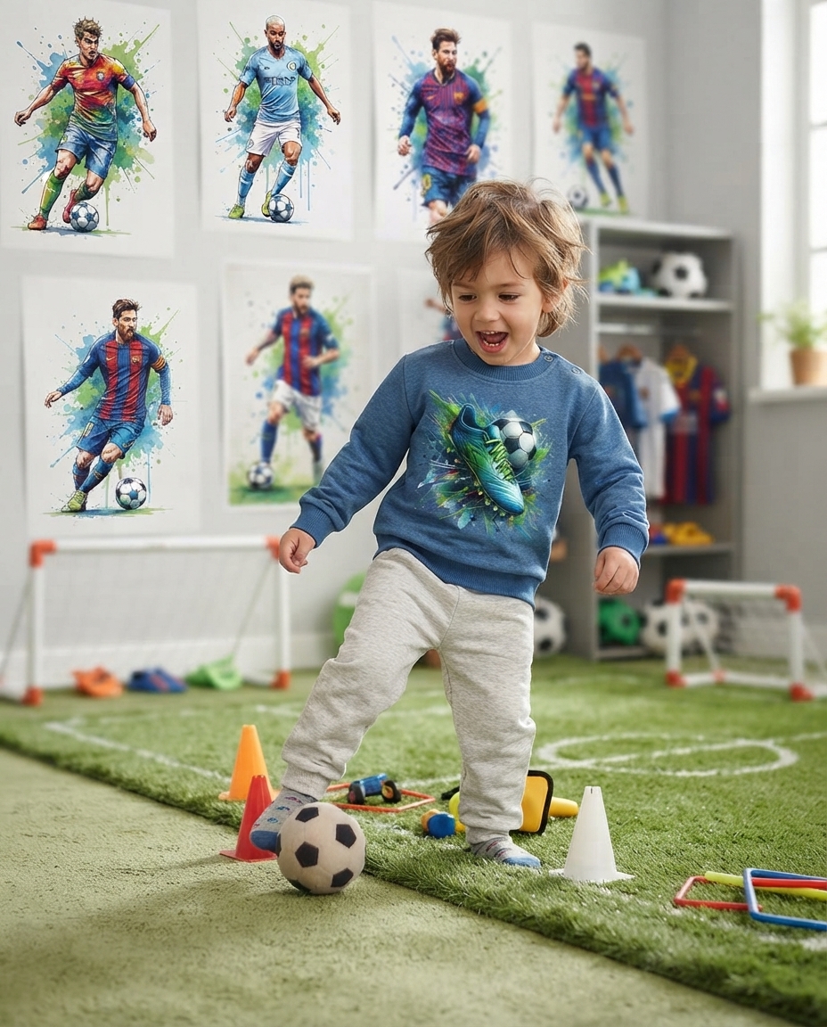 Criança com camisola azul com estampa de chuteira e bola e calças cinza jogando com bola num quarto decorado com posters de futebol