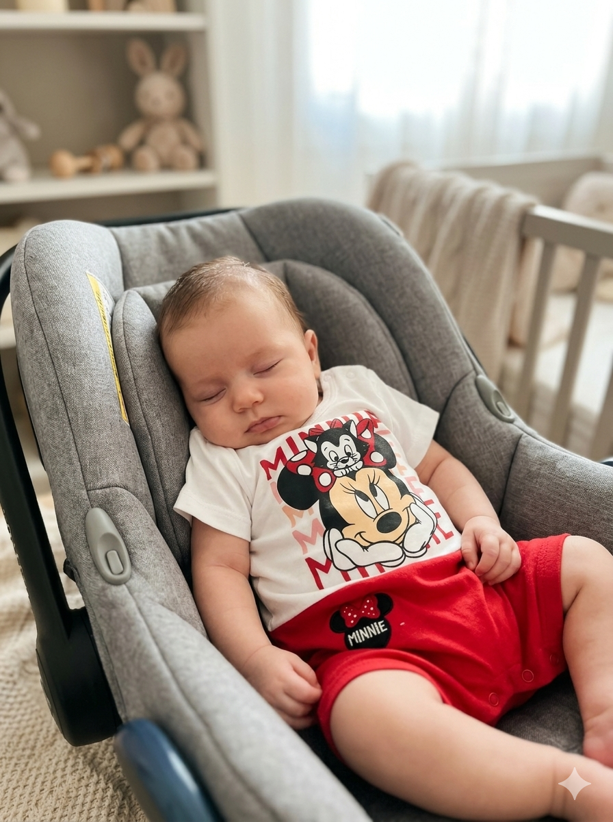 Bebé adormecido numa cadeirinha de carro cinza com roupa da Minnie Mouse.