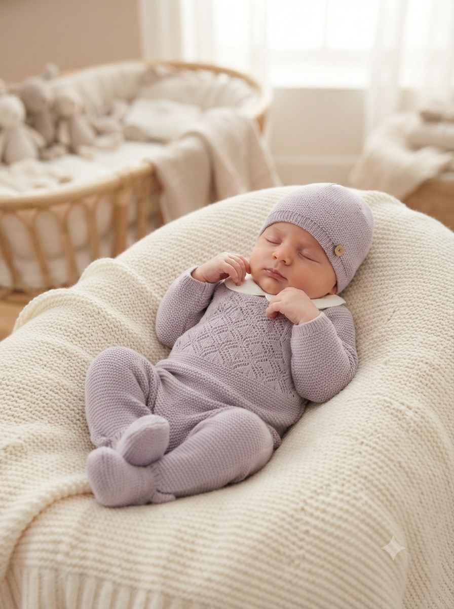 Bebé a dormir com roupa de malha lilás numa almofada bege