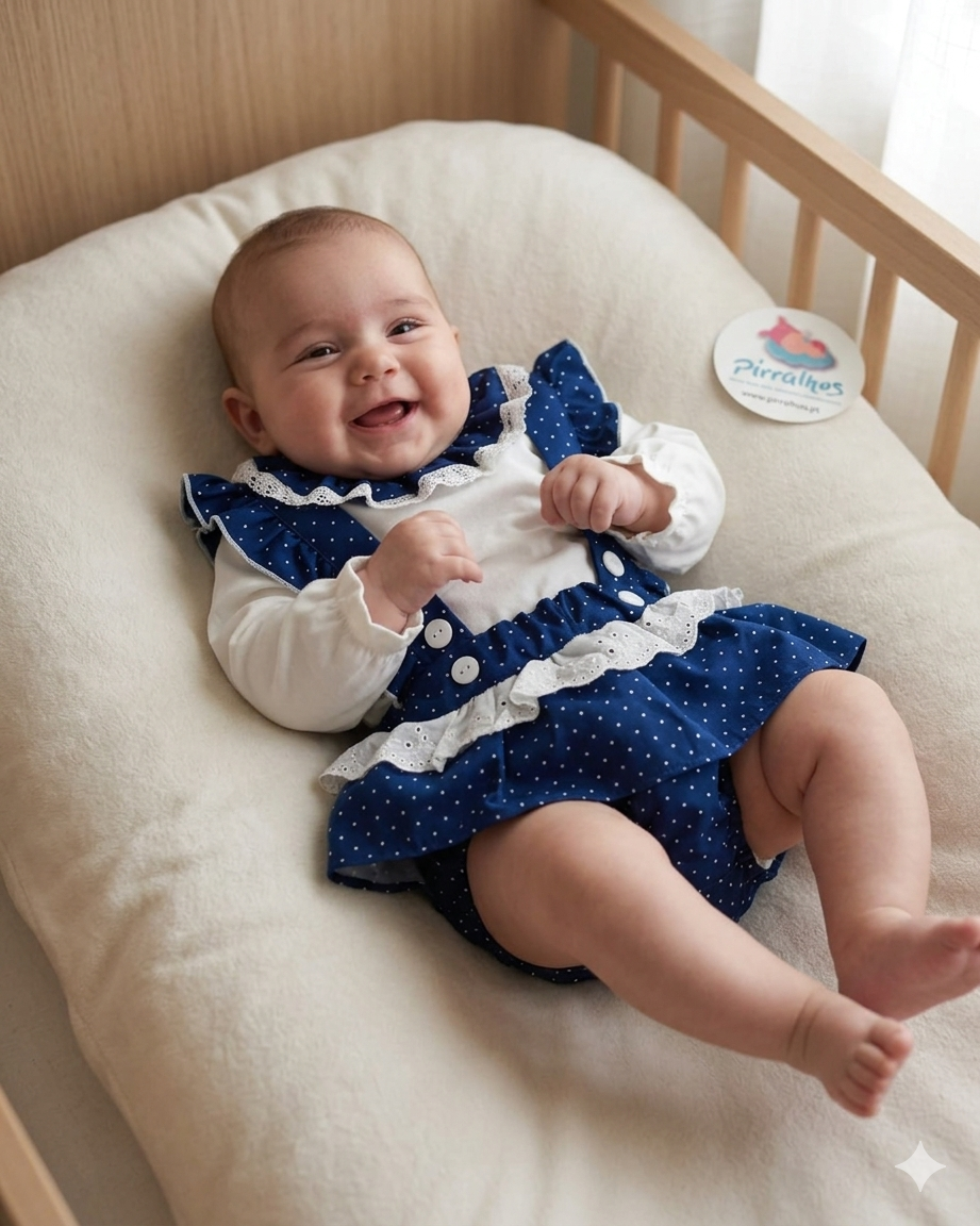 Bebé com vestido azul de bolinhas brancas num colchão creme dentro de berço de madeira