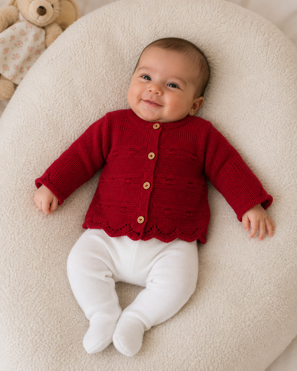 Bebé sentado em almofada creme com casaco vermelho e leggings brancas