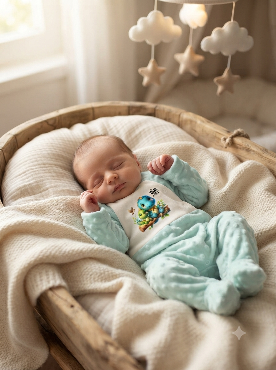Bebé dorme numa cama de madeira com pijama azul claro e estampa de dinossauro