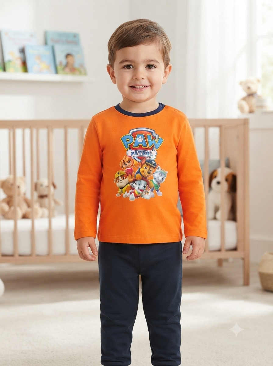Menino em pijama laranja com personagem PAW PATROL e calças azuis escuras em quarto infantil