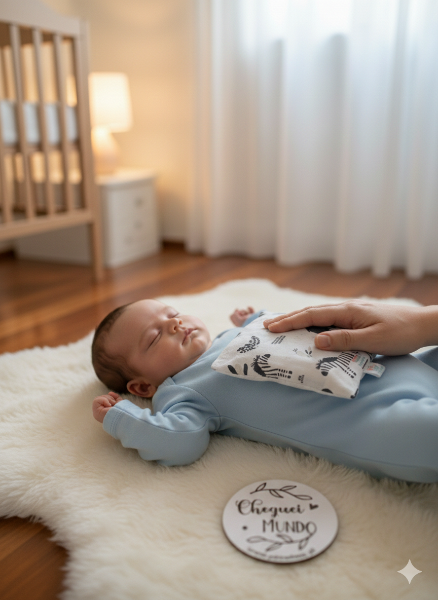 Bebé de pijama azul em tapete branco com almofada de zebras e placa Cheguei MUNDO