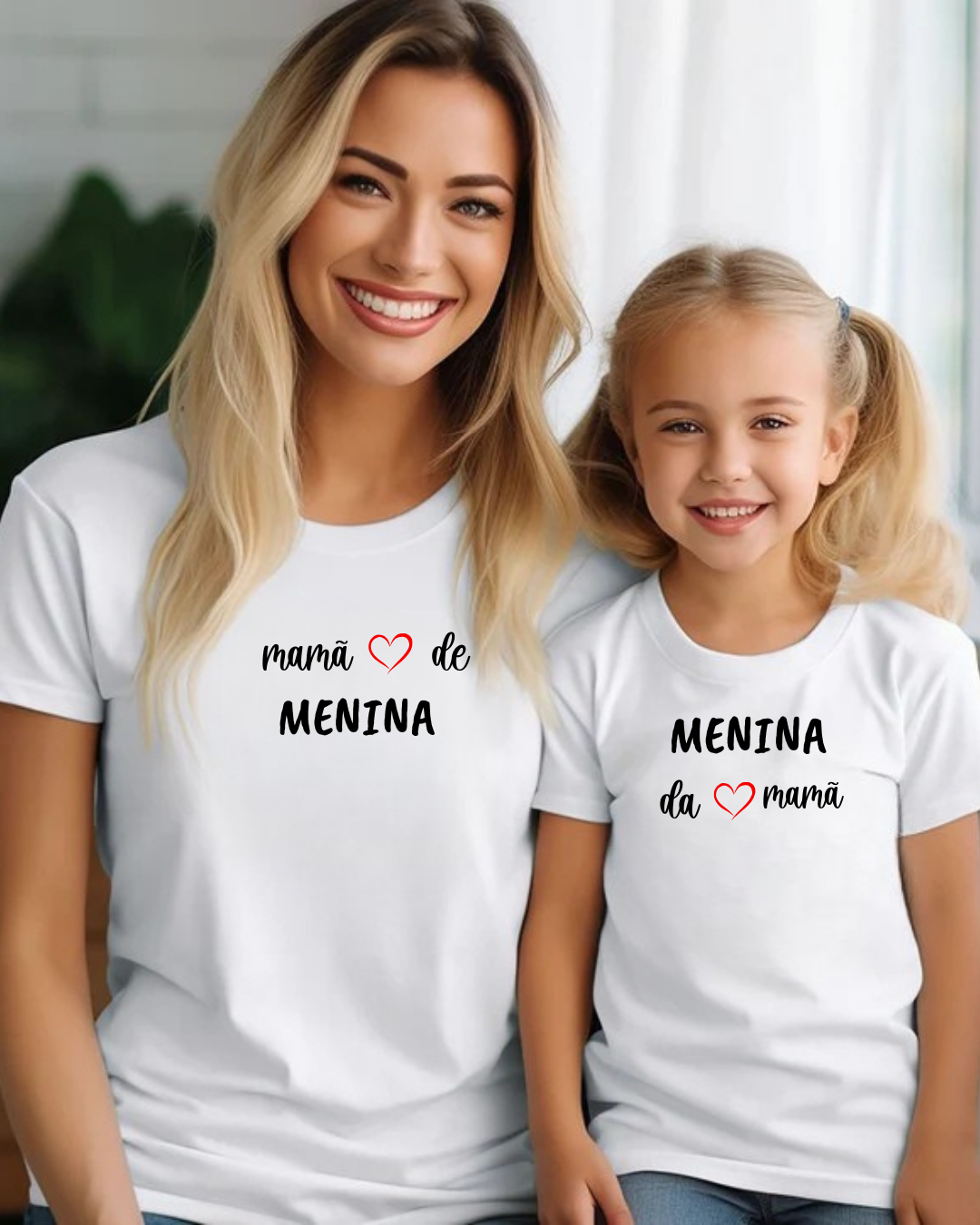 T-shirts brancas combinadas para mãe e filha com texto em português e corações vermelhos.