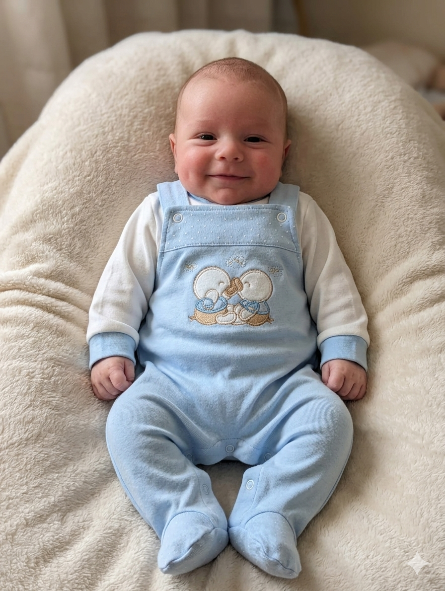 Bebé sorridente sentado com macacão azul claro e camisola branca