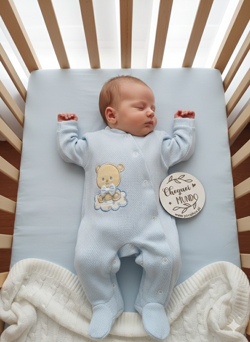 Bebé dormindo roupa azul com ursinho e manta branca na cama com grades de madeira