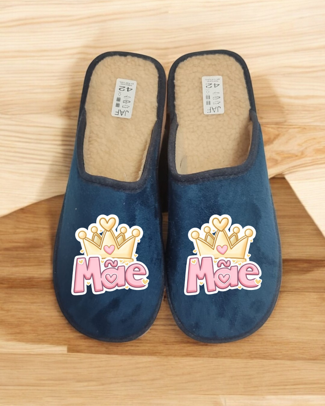 Chinelos azuis para interior com interior peludo bege tamanho 42