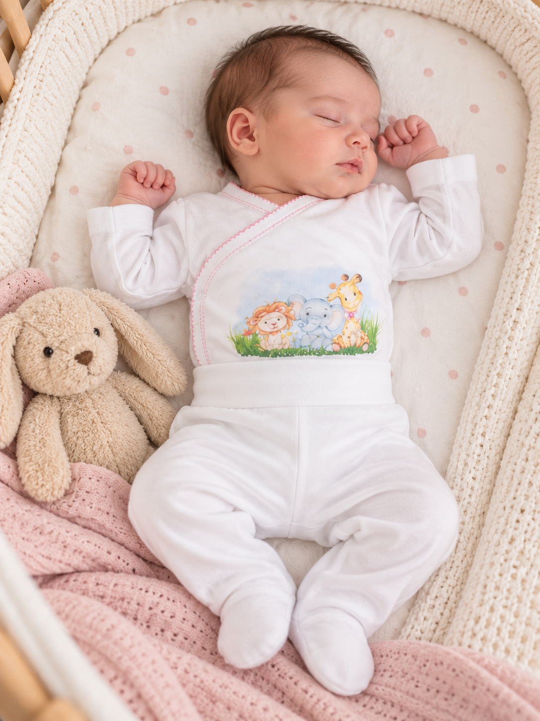 Bebé adormecido de pijama branco com estampa de animais e peluche coelho ao lado