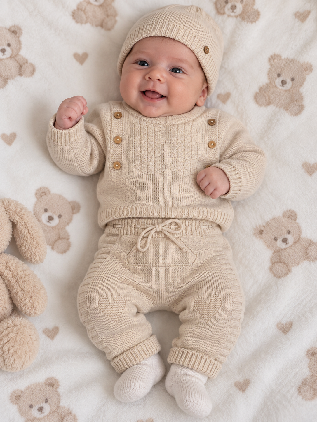 Bebé a sorrir vestido com roupa de malha bege e gorro, deitado sobre manta com ursinhos e corações.