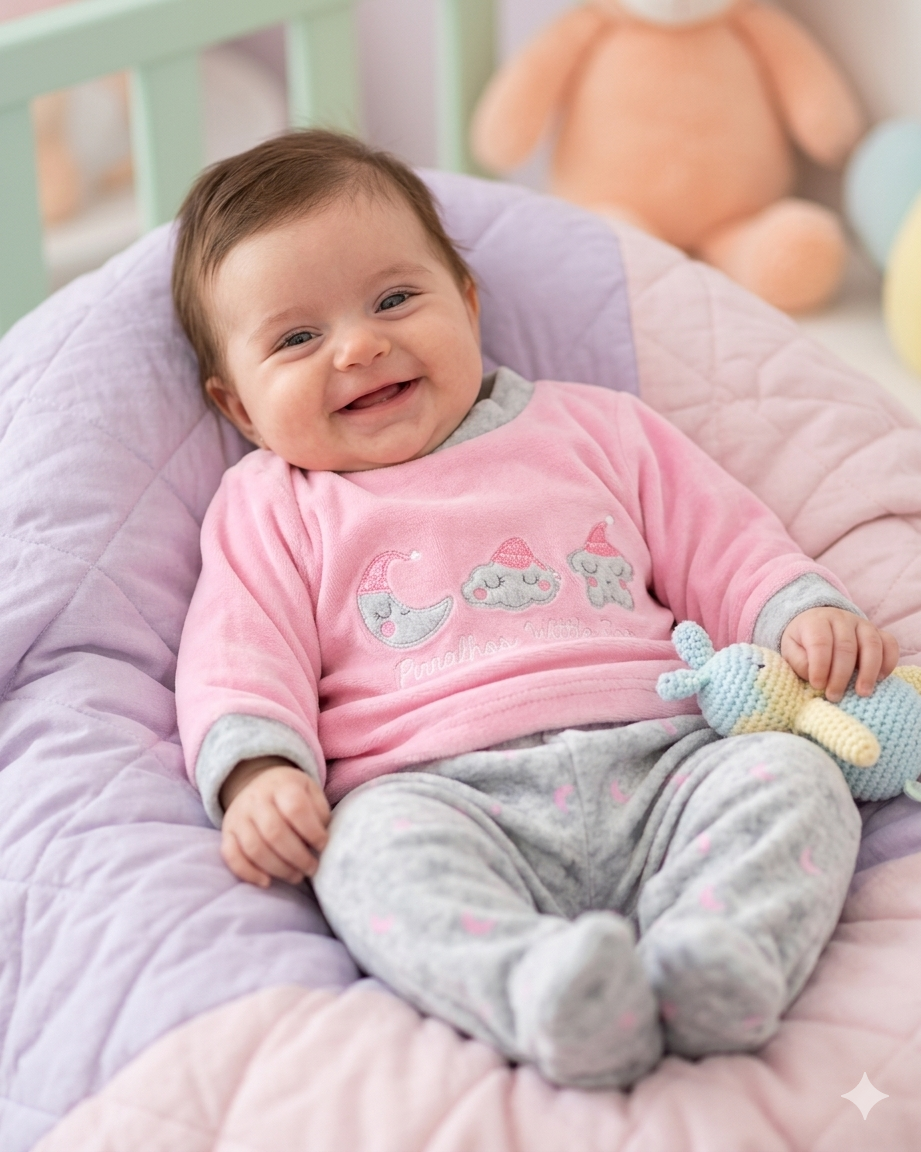 Bebé sorridente vestido com camisola rosa e calças cinzentas, a segurar brinquedo de malha colorido