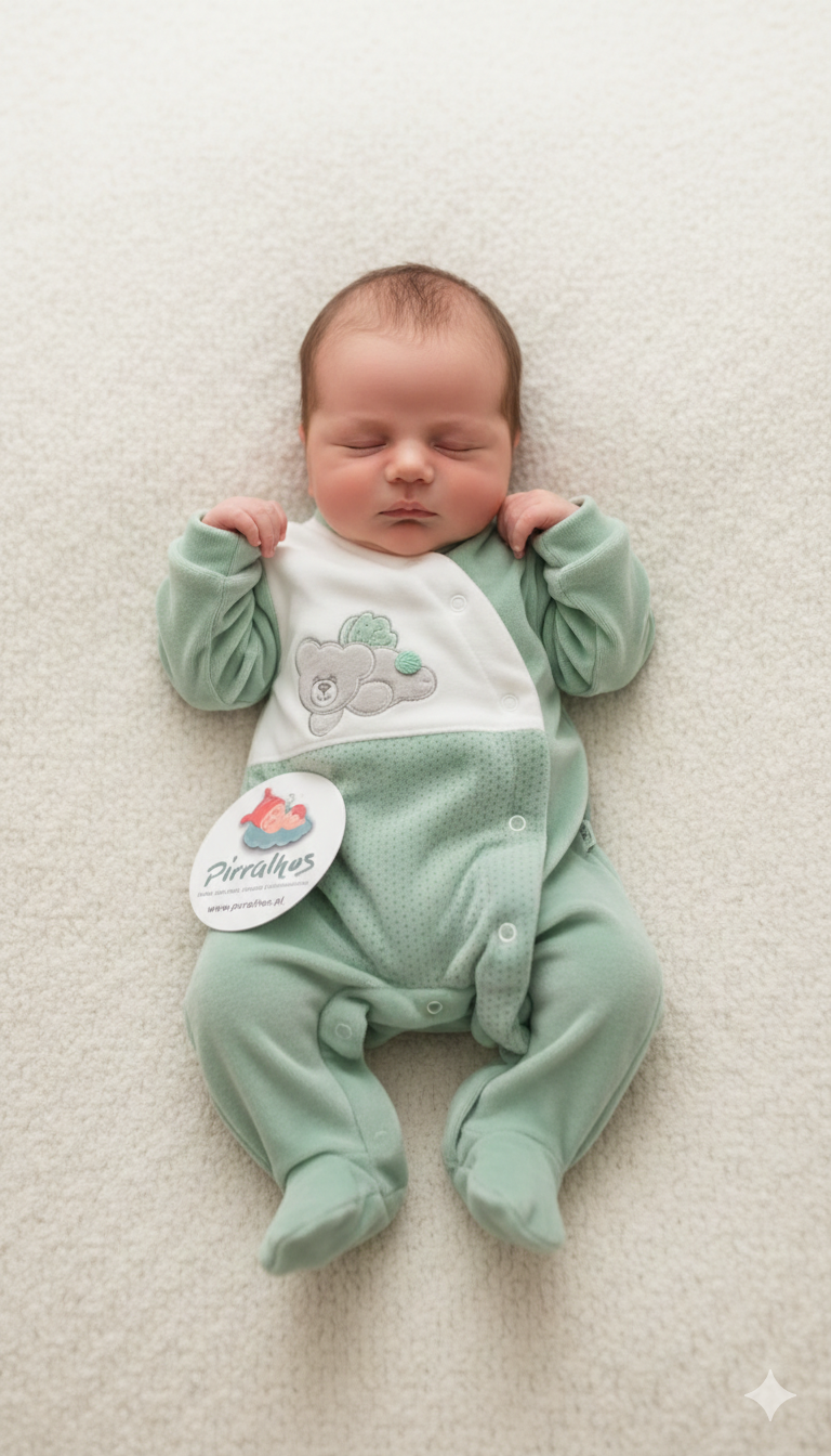 Bebé a dormir com macacão verde e branco com ursinho bordado.