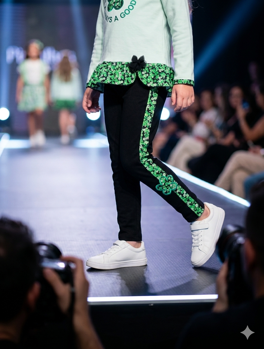 Calças pretas com risca lateral verde com padrão floral