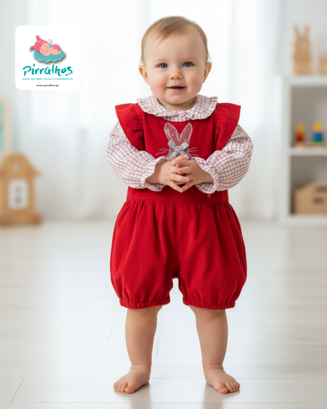 Bebé com fato vermelho e camisola branca às riscas vermelhas