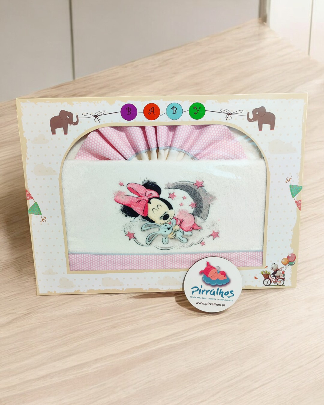 Jogo de cama para bebé rosa com bordado de personagem de desenho animado, caixa decorativa com elefantes