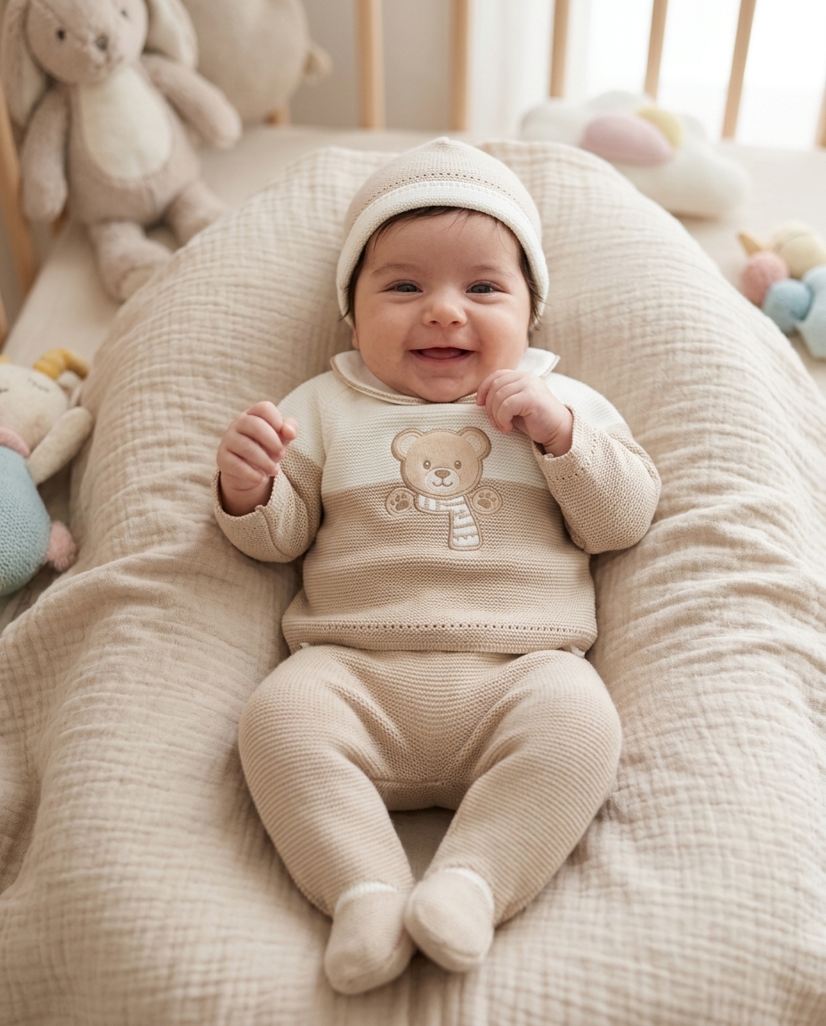 Bebé sorridente de roupa bege de malha com urso, deitado em almofada bege macia dentro de berço com peluches.