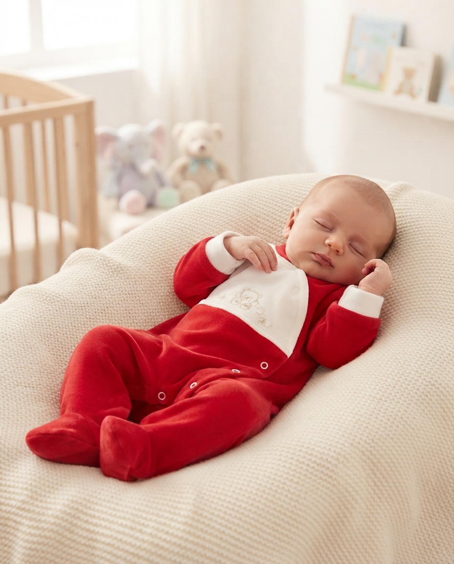 Bebé adormecido vestido com fato de pijama vermelho e branco numa almofada beige.