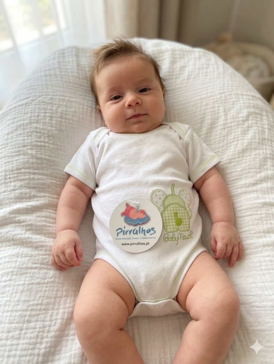 Bebé deitado com body branco com costuras verdes claras e estampa de lagarta verde bordada, etiqueta redonda com logo Pirralhos