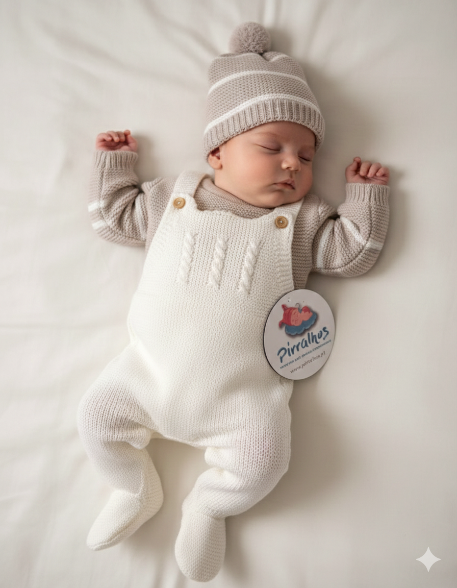 Bebé a dormir vestido com fato de malha bege e branco com etiqueta da marca Pirralhos