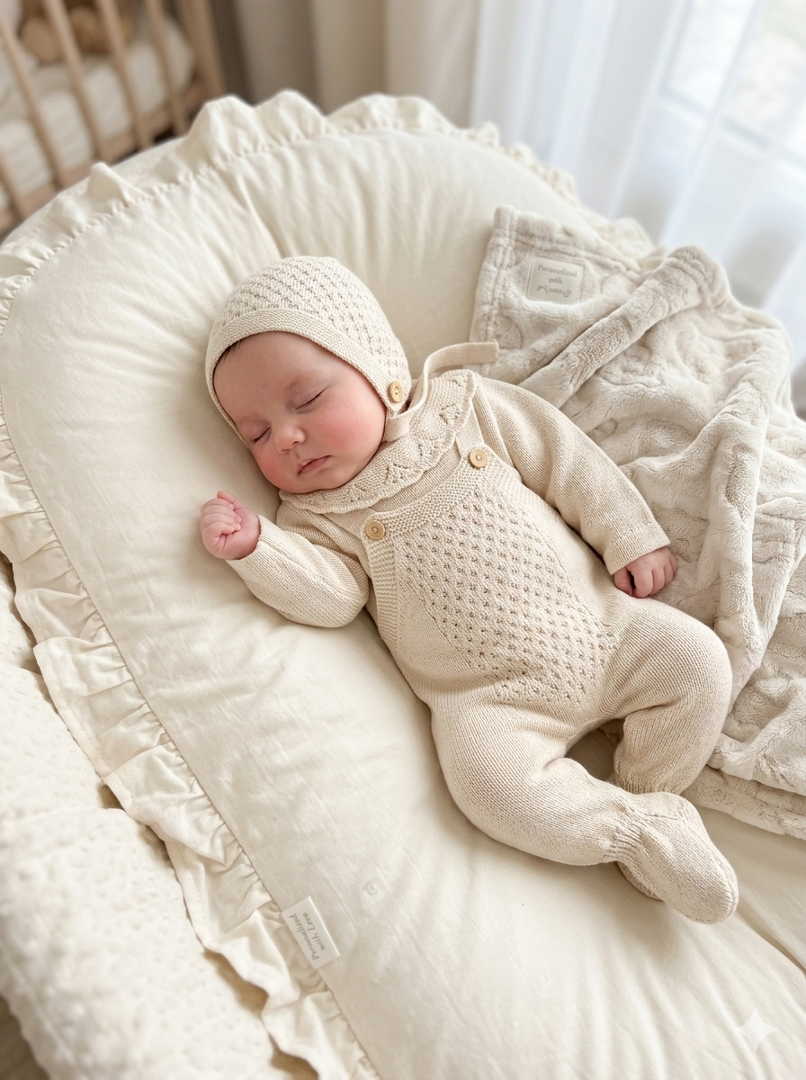 Bebé dormindo com roupa de malha creme e gorro, deitado numa almofada creme com babados e cobertor bege claro.