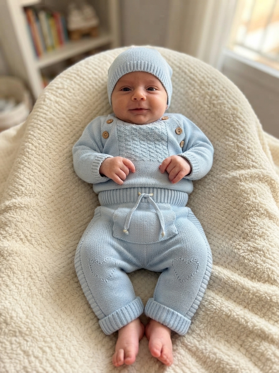 Roupa bebé azul clara de malha com gorro, camisola e calças com padrões de coração e botões de madeira