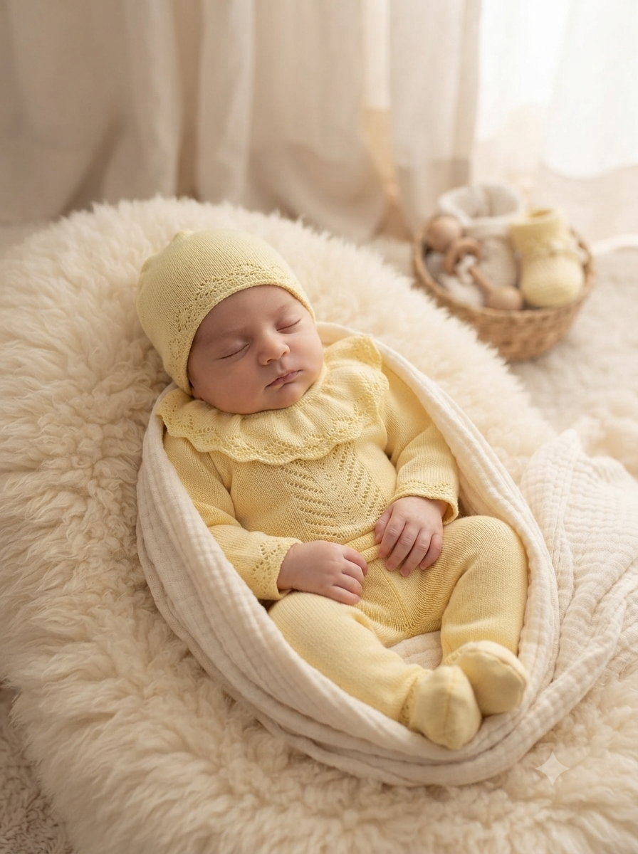 Bebé a dormir com roupa de malha amarela deitado numa almofada branca e manta de pêlo.
