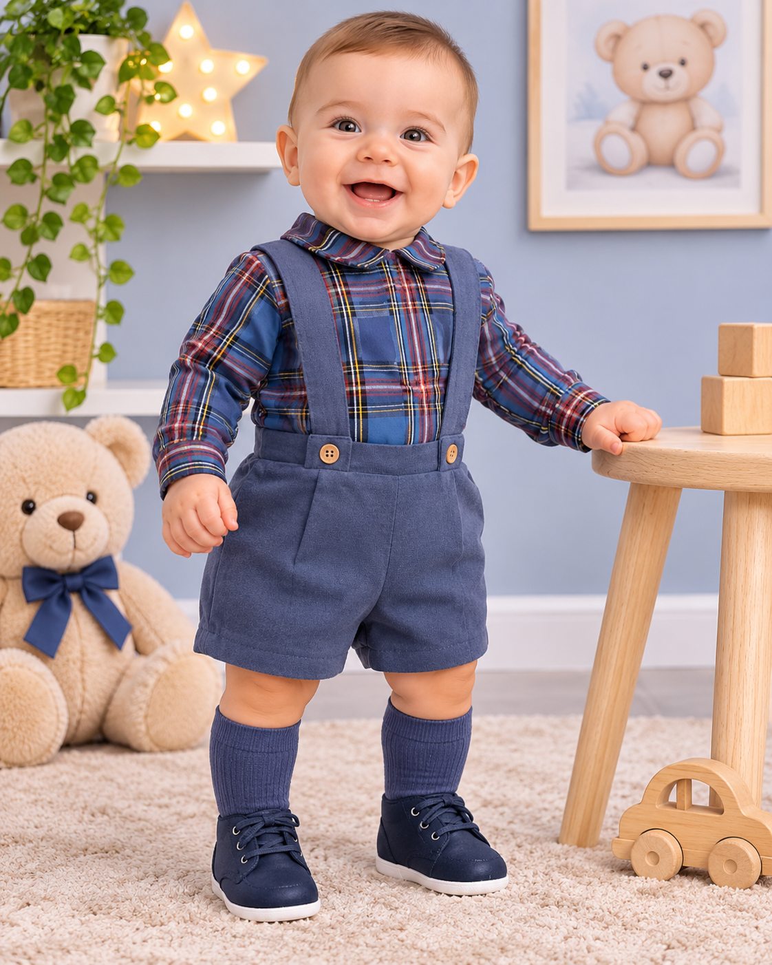 Bebé com roupa azul e xadrez num quarto infantil com brinquedos.