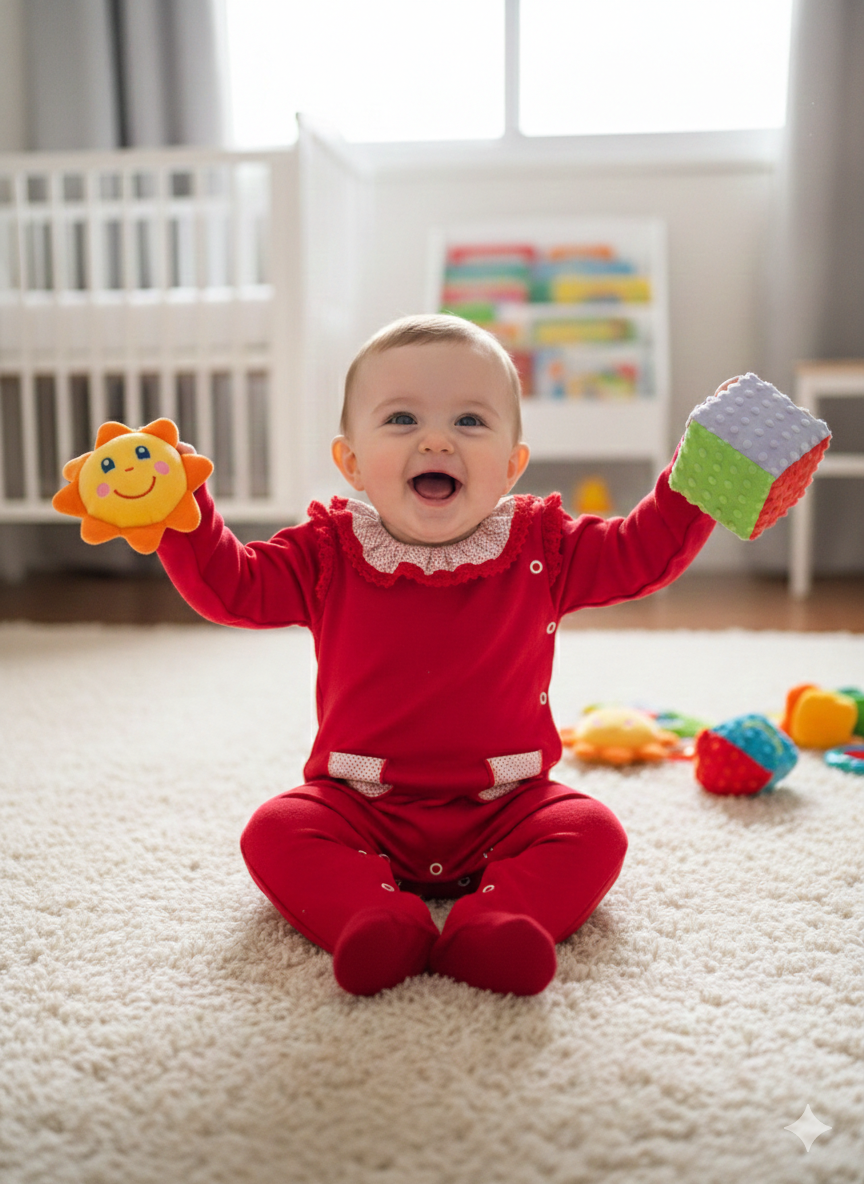 Bebé com fato vermelho a brincar sentado num tapete felpudo com brinquedos coloridos