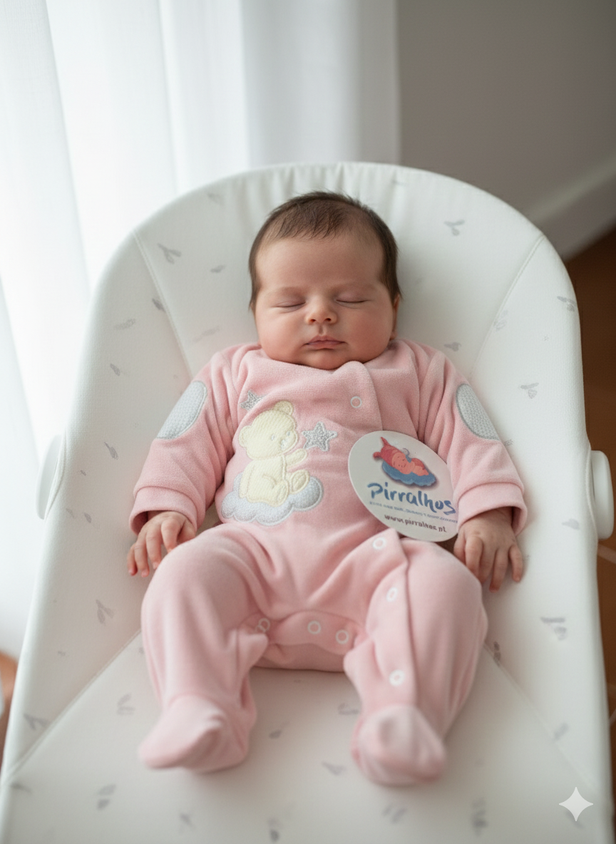 Bebé com fato rosa bordado sentado numa cadeira branca acolchoada.