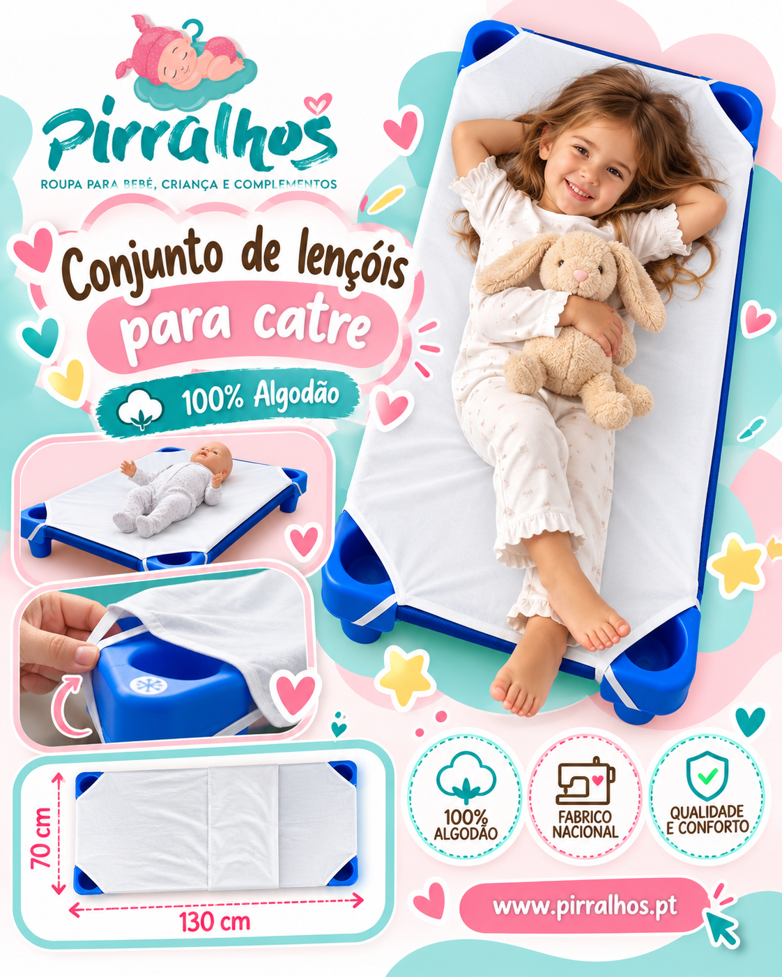 Conjunto de lençóis branco para catre com elásticos, catre azul, criança com peluche.