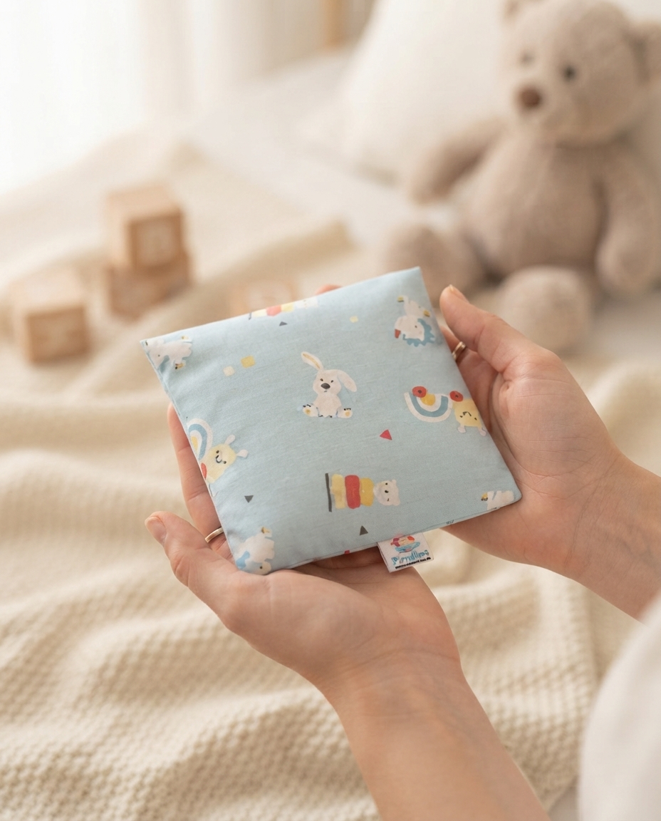Almofada pequena azul com desenhos de coelho e arco-íris nas mãos de uma pessoa