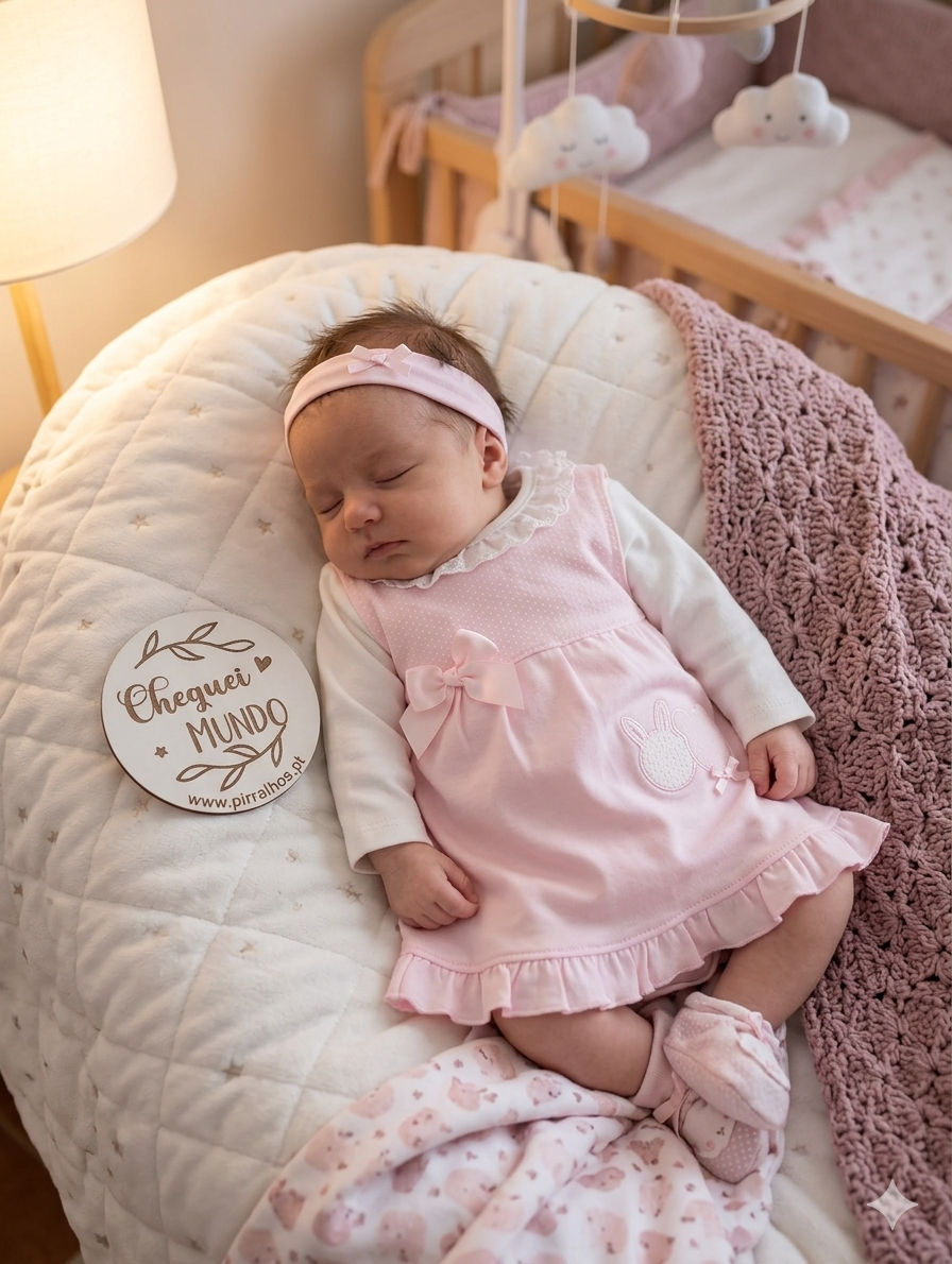 Bebé vestida de rosa a dormir numa almofada branca com manta rosa e berço ao fundo