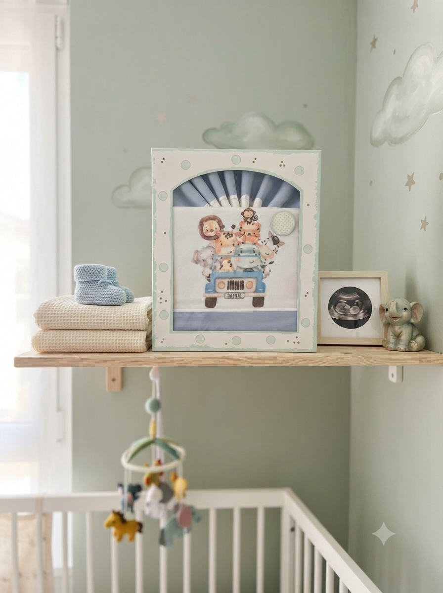 Estante com artigos para bebé numa parede pintada com nuvens e estrelas, incluindo manta, sapatinhos, quadro de ecografia e caixa decorativa com desenho de animais.